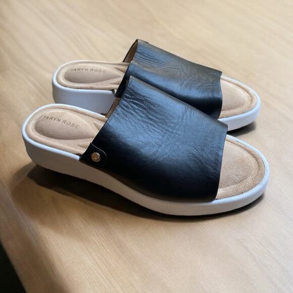 Taryn Rose Leila Black Leather Platform Slide Sandal Women's size 9m Beach Girly - Picture 1 of 6